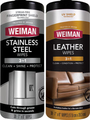 Stainless Steel Wipes and Leather Wipes - Clean and Polish Appliances for a Brighter and Longer Shine - Clean by Weiman – 30 Count (Pack of 2), Pack of 2