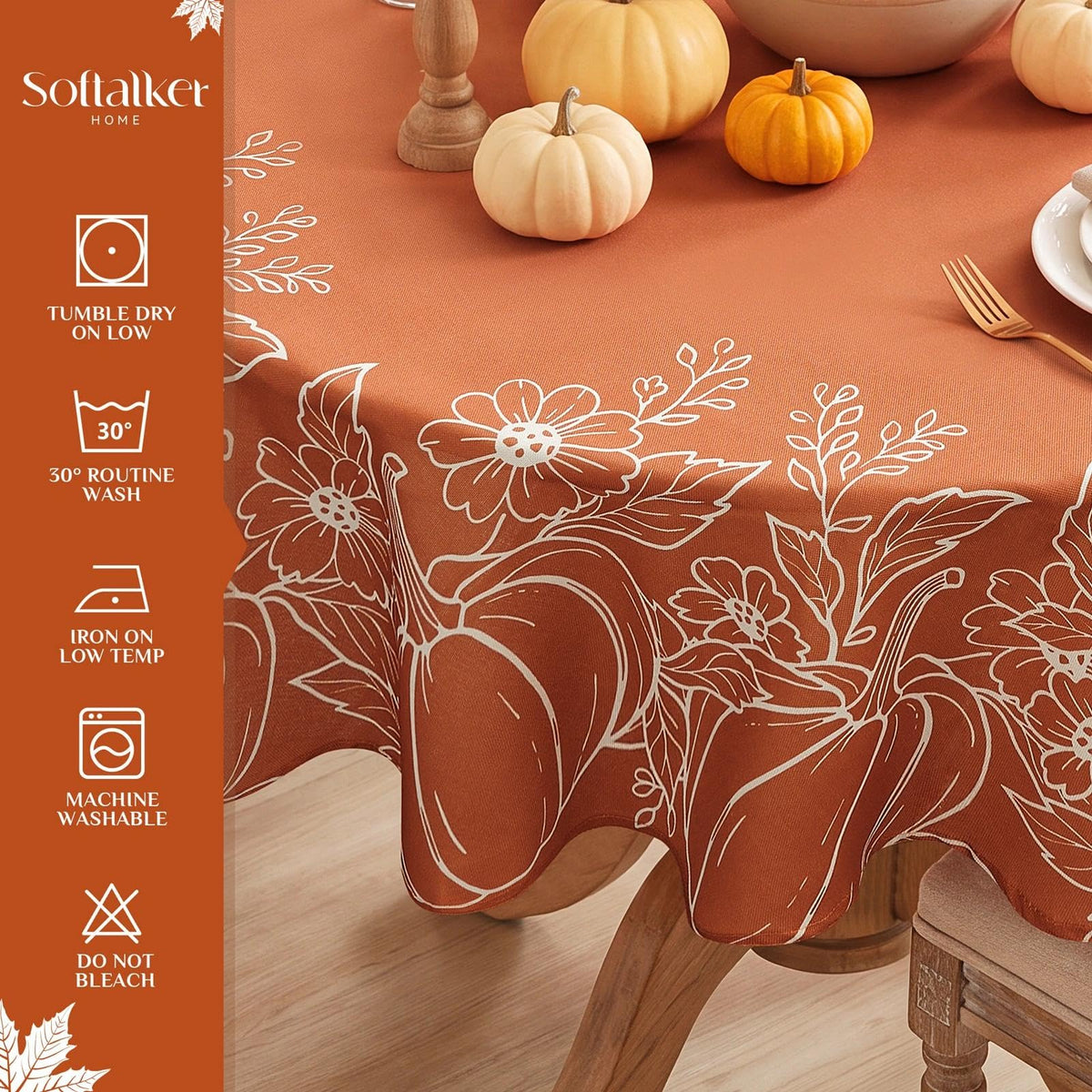 Softalker Faux Linen Round Tablecloth, 70 Inch, Pumpkin and Maple Leaf