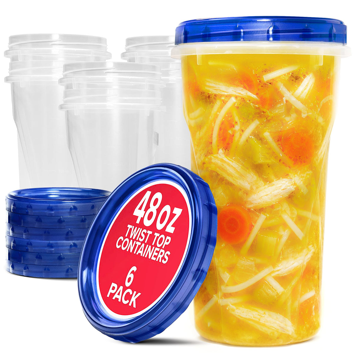 48oz Plastic Containers with Twist Top Lids (6 Pack) by Stock Your Home – 48 oz, 1.5 quarts, Plastic, Clear, Pack of 6