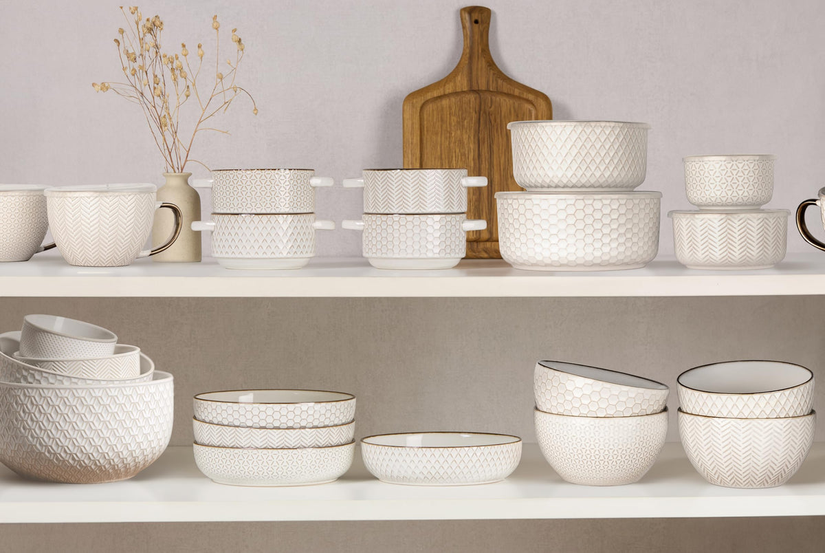 KooK Ceramic Nesting Bowls, Embossed Stoneware, Set of 4, Ivory