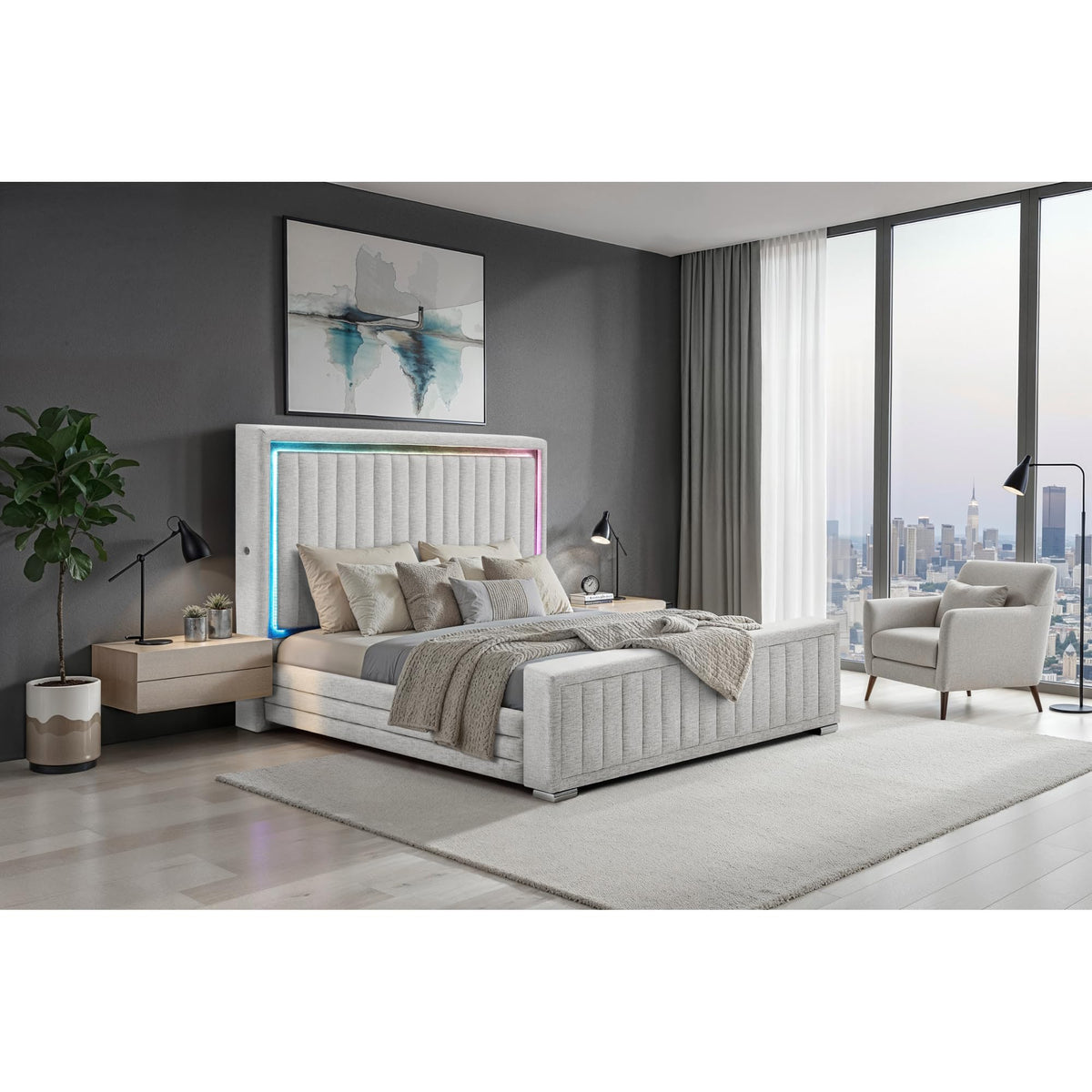 Elias Grey King Bed with Immersive Sound by Global Furniture USA – King (U.S. Standard), Polyester Blend, Grey, Model ELIAS-GREY-KB W/ IS