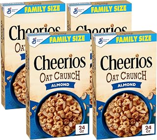 Cheerios Oat Crunch Almond Breakfast Cereal, Made with Whole Grain, Family Size, 24 oz (Pack of 4)