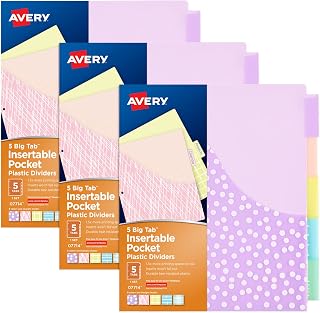 Avery Big Tab Insertable Plastic Dividers, 5-Tab, Pastel, 3 Sets