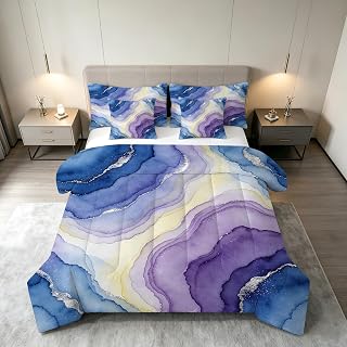 Blue Purple Agate Marble Bedding Set Silver King 7 Piece Bedding Set | 7 Piece Bed in a Bag,Blue Purple Agate Marble Print Comforter Set for Bedroom Decor,Silver Glitter Abstract Wave Bedding Set