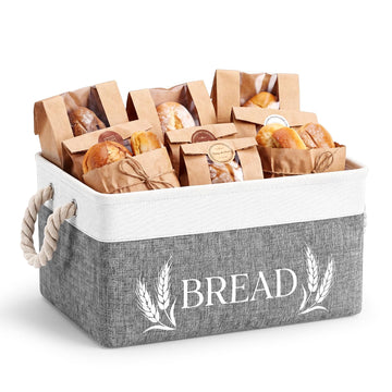 SiliFine Bread Storage Basket, Foldable Burlap Bin with Handles, White Gray