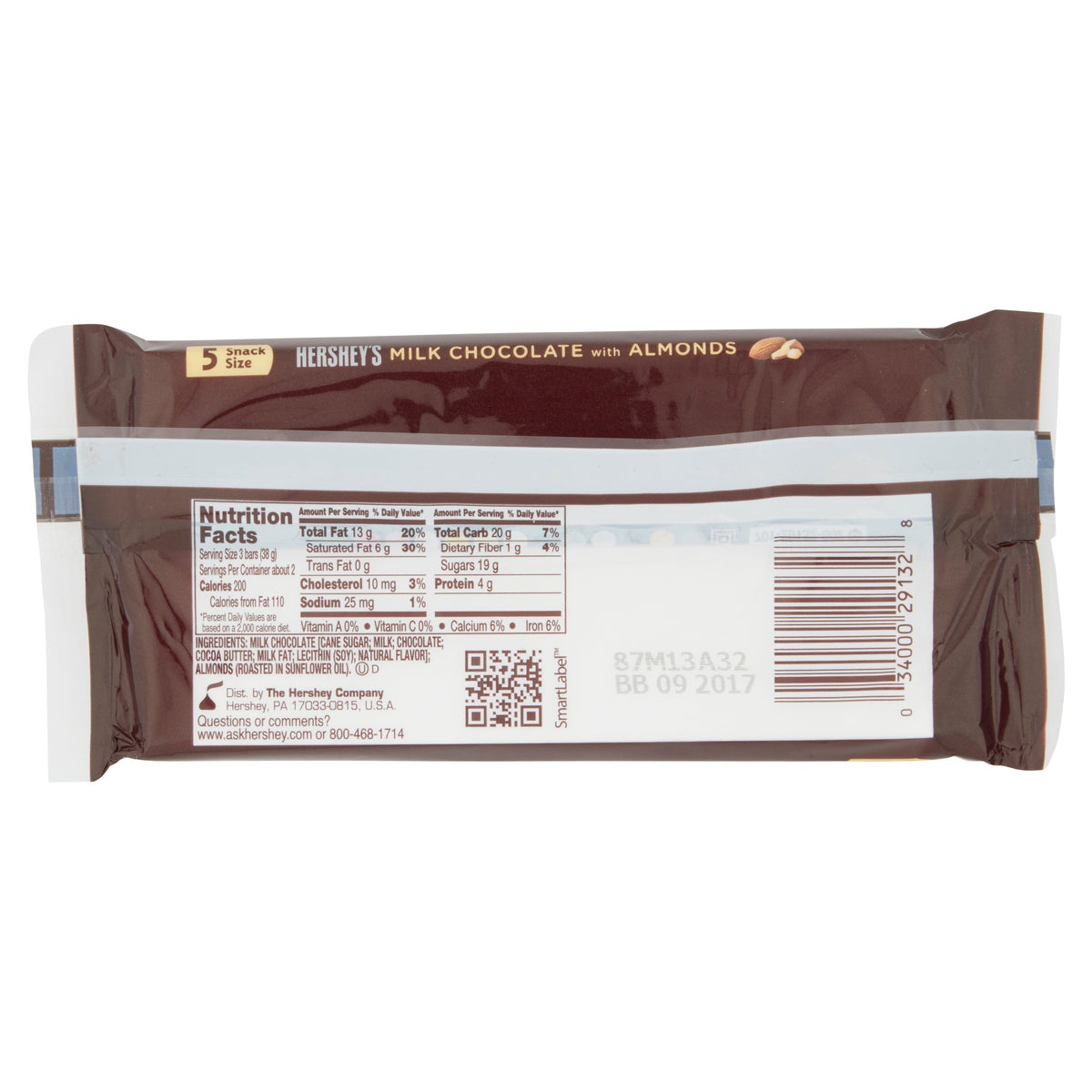 Milk Chocolate with Almonds Snack Size 5 x .45 oz (2.25 oz) by HERSHEY'S – 0.45 Ounce (Pack of 5), Pack of 5