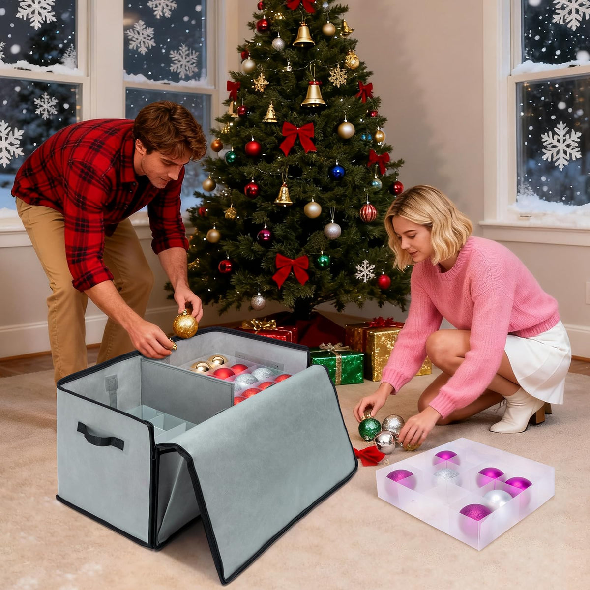Baleine Ornament Storage Bin with Dividers, Holds 128 Balls, Grey Soft