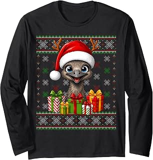 Emu Bird Christmas Ugly Sweaters Festive Santa Hat Xmas Long Sleeve T-Shirt