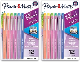 Paper Mate Flair Felt Tip Pens, Medium Point (0.7mm), Assorted, Special Edition Retro Accents, 12 Count (Pack of 2)