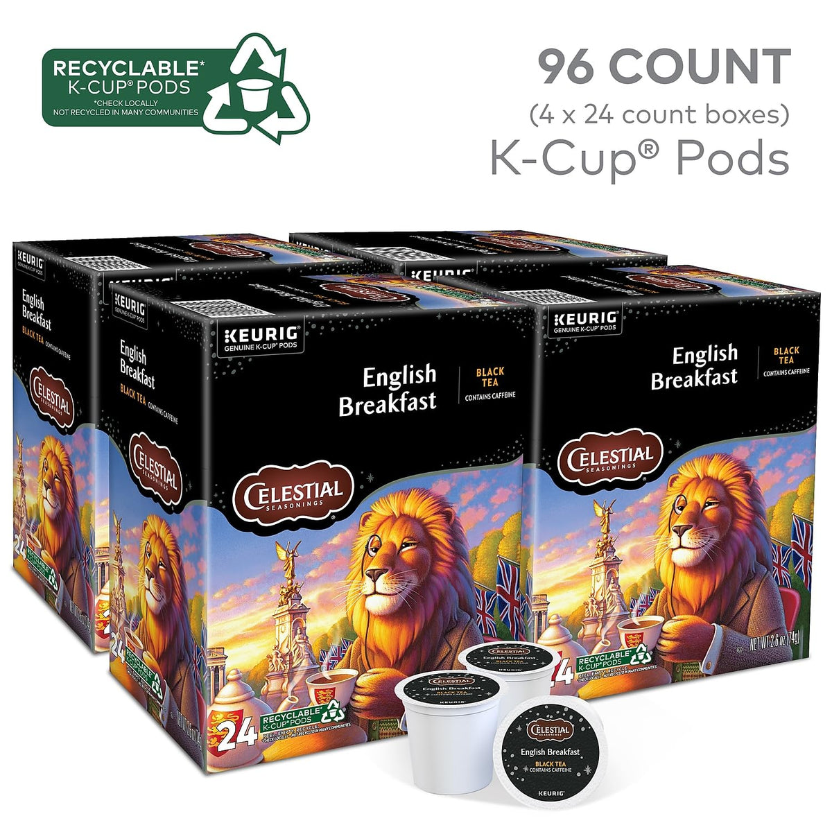 ® English Breakfast Tea Single-Serve K-Cup® by Celestial Seasonings – 24 Count (Pack of 4), black, Pack of 4, Model 14731CT