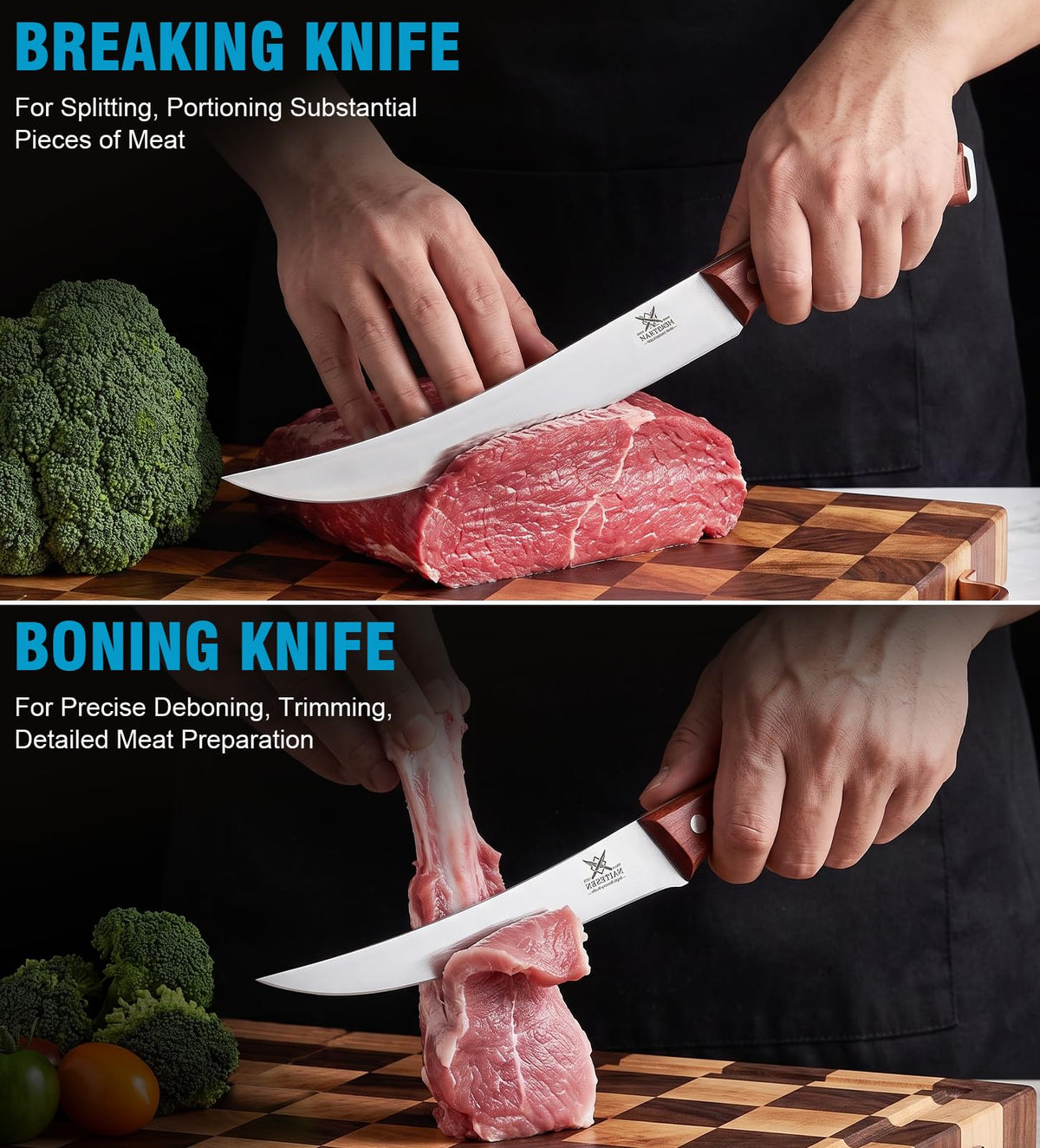 Naitesen Butcher Knife Set, 3 Piece High Carbon Steel, Redwood Handle