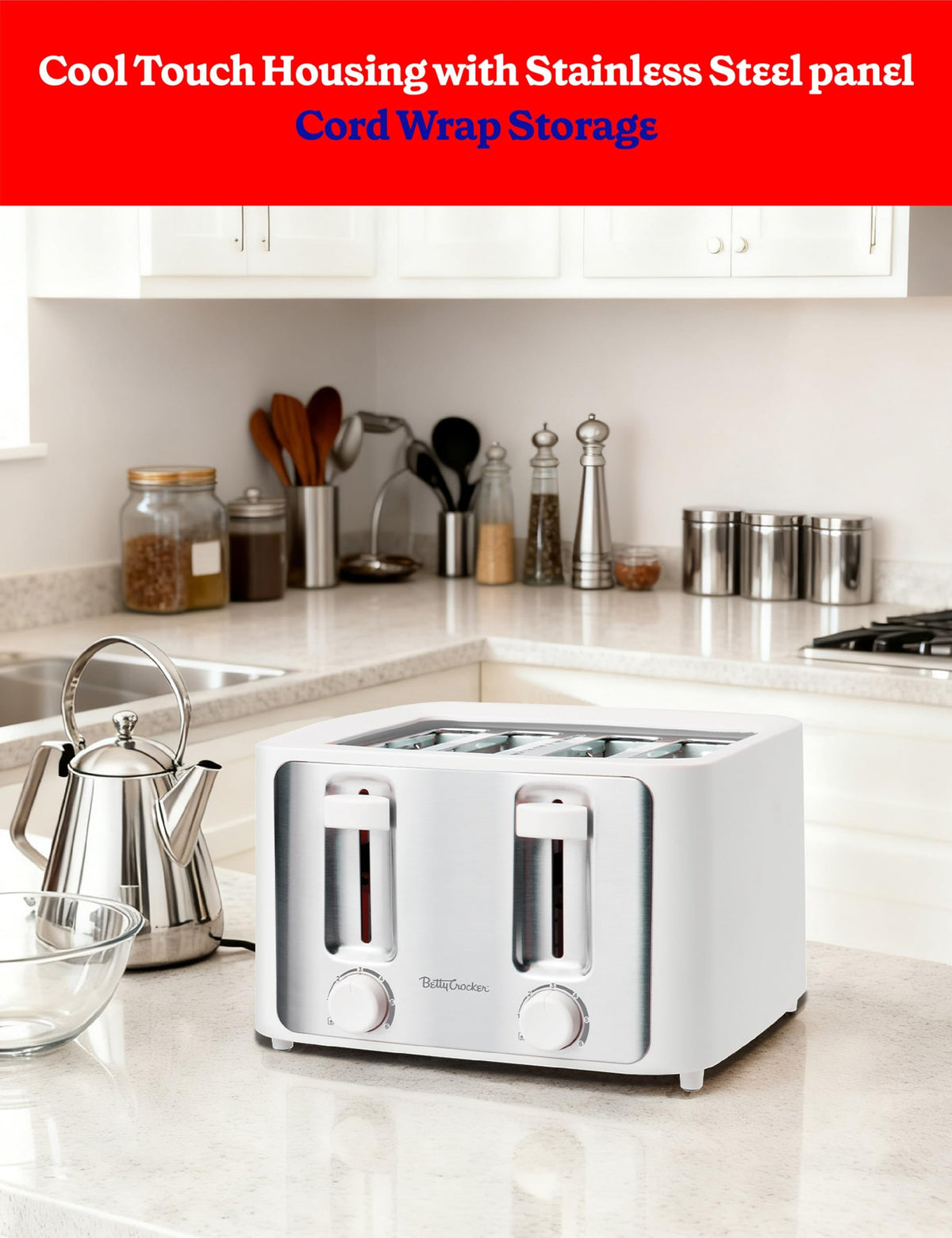 4-Slice Toaster by Betty Crocker – 4-Slice, Plastic, White, Model BC-5635W