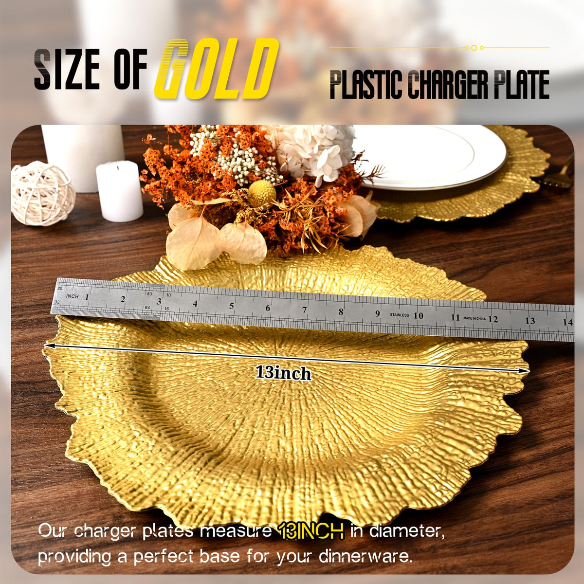Tomeurperf Charger Plates, Plastic 13 Inch, Gold 100 Pack