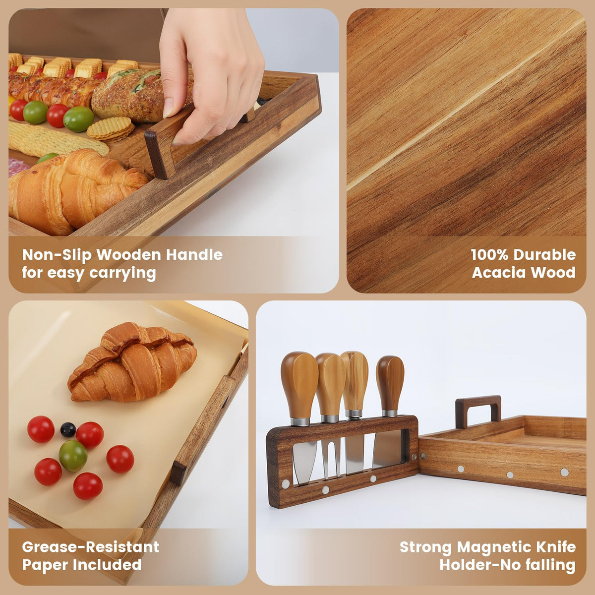 Young Speeds Acacia Charcuterie Board, 36 x 12 Inch with Knives and Papers, Natural Brown