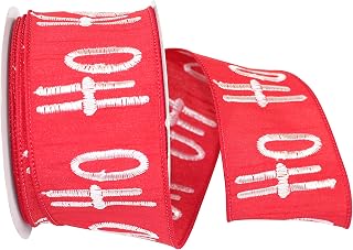 Reliant Ribbon 93169W-695-40F Ho-ho-ho Embroidered Dupioni Wired Edge Ribbon, 2-1/2 Inch X 10 Yards, Red/White