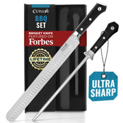 Cutluxe Carving Knife Set, 12 Inch Brisket Slicer With 10 Inch Honing Rod, Brown