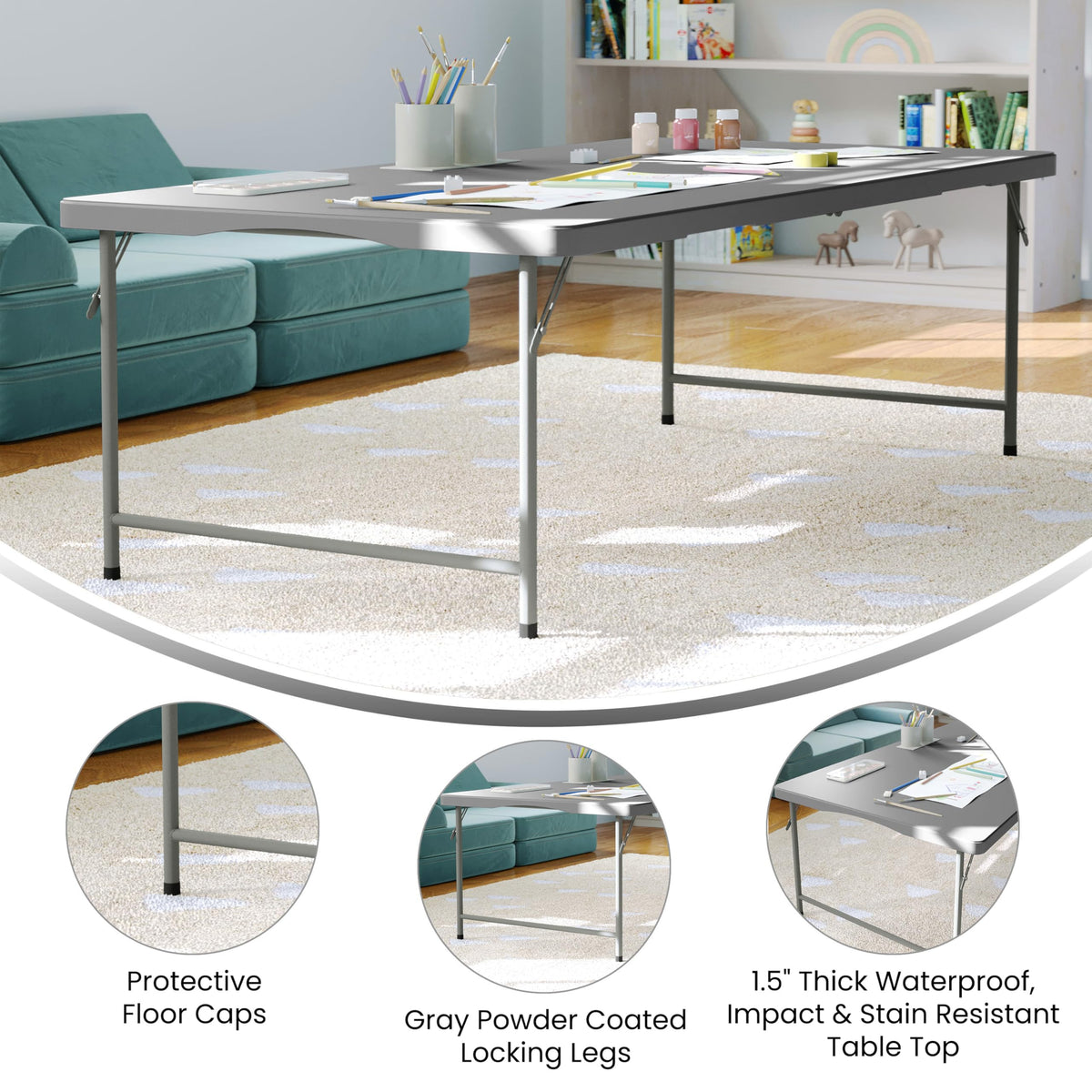 Kids 4.93 ft Plastic Folding Table by Flash Furniture – 30"W x 60"L x 19"H, Plastic, Plastic: Polyethylene, Metal, Granite Gray, Model RB-3060-KID-GY-GG