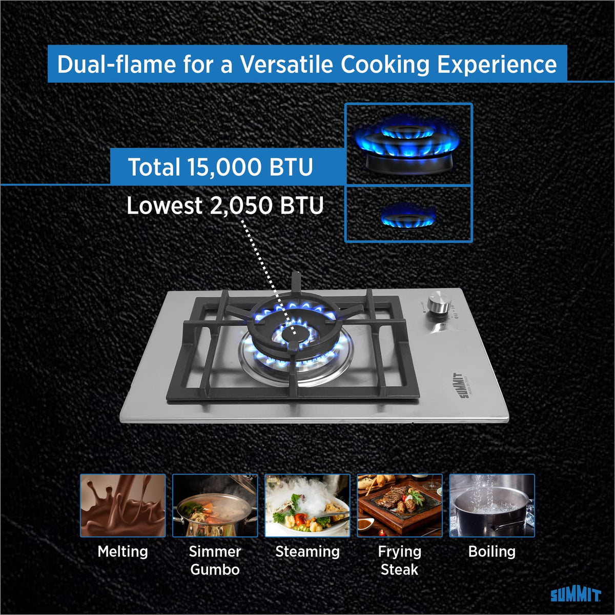 Summit , 12-Inch-Wide Single Burner Gas Cooktop, Stainless Steel with Sealed Burners, Cast Iron Grates, Wok Ring, NG/LPG Conversion Kit, Flame Failure Protection, Easy to Clean