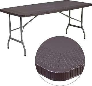 Flash Furniture Elon 5.62-Foot Brown Rattan Indoor-Outdoor Plastic Folding Table with Umbrella Hole