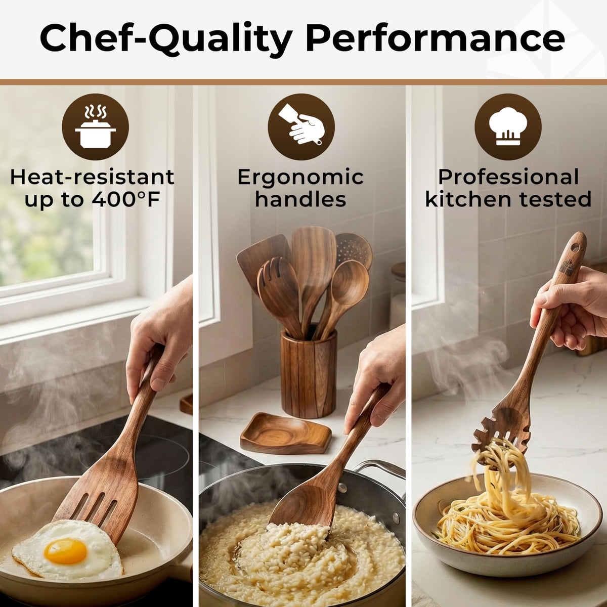 Woodenhouse Teak Wooden Utensil Set, 8 Piece with Holder, Brown