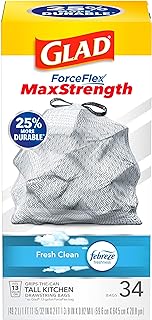 Glad ForceFlex MaxStrength Tall Kitchen Drawstring Trash Bags, 13 Gallon, Fresh Clean Scent with Febreze Freshness, 34 Count