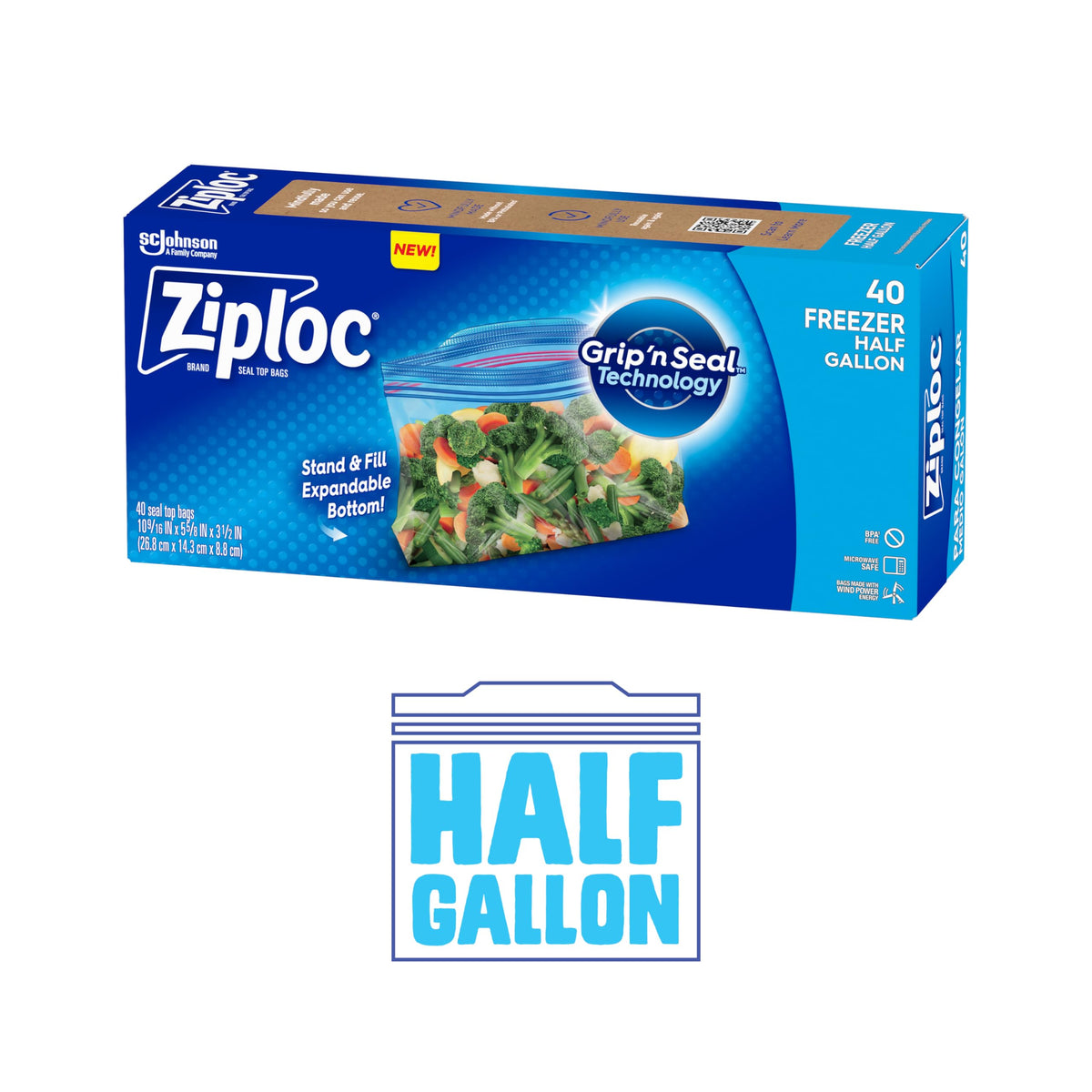 Half Gallon Food Storage Freezer Bags by Ziploc – Half Gallon, 1.89 liters, Pack of 9, Model 386241