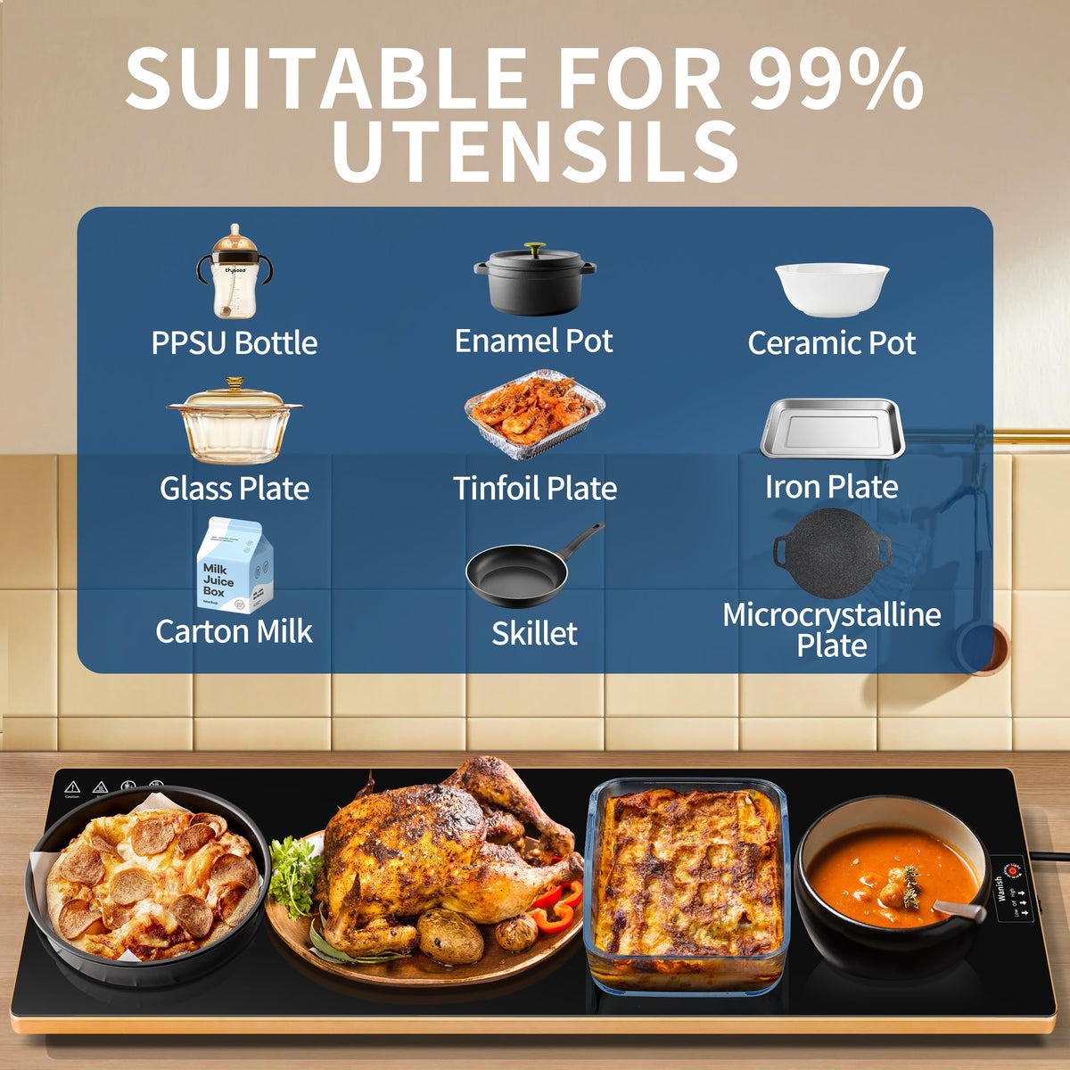 Wanish Warming Tray, Extra Long 40 x 12 Inch Tempered Glass, Black