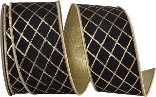 Reliant Ribbon Diamond Stripes Deluxe Wired Edge, Black/Gold, 2-1/2 Inch, 10 Yards