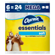 Essentials Soft Toilet Paper 6 Mega Rolls by Charmin – 6 Rolls (330 Sheets), Paper, No Color, Pack of 6, Model 80370716