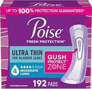 Poise Ultra Thin Incontinence Pads for Women, 4 Drop, Long, 192 ct