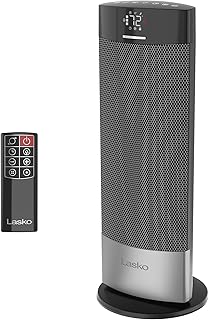 Lasko Ellipse Ceramic Tower Heater for Home with Tipover Switch, Child Lock, Digital Display, Thermostat, Wide Oscillation, Remote, Timer, For Bedroom, Office, Living Room, Den, 1500W, Black, CT18950