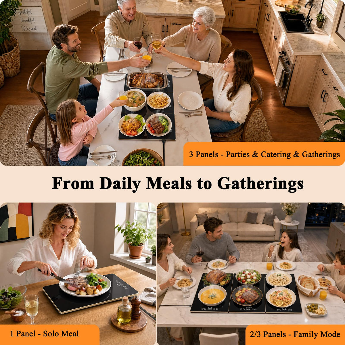 FYY Electric Warming Tray, 13 Temperature Settings, 3-Panel Black