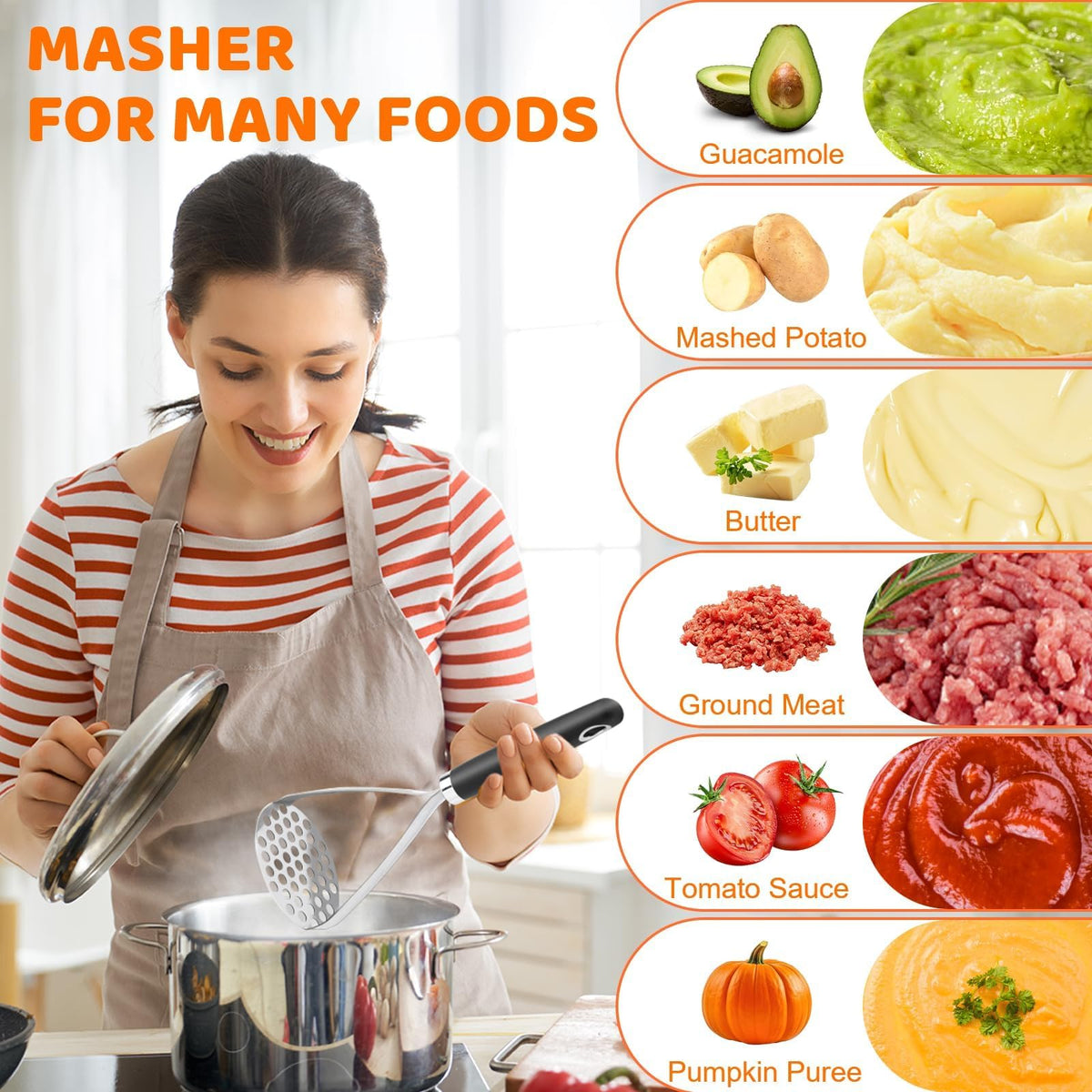 Qbily Potato Masher Set, Stainless Steel, Black, 2 Pieces