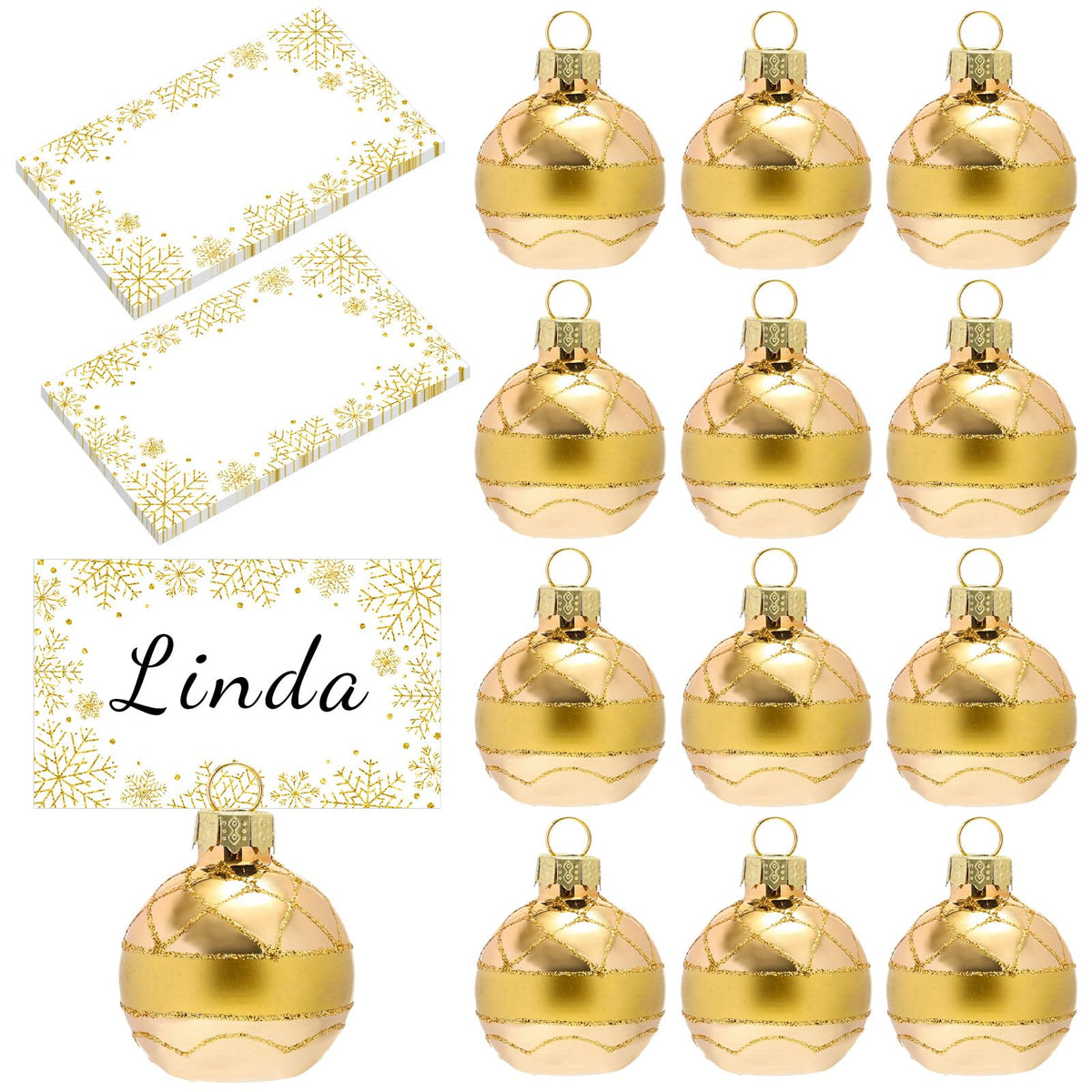 Whaline Ball Ornament Place Card Holders, Gold Snowflake, 12 Pack
