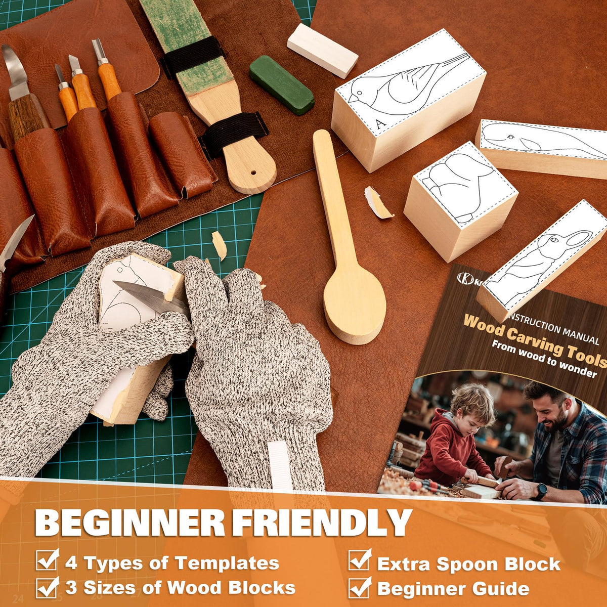 K Kernowo Wood Carving Kit, 32 Piece Set with Knives and Templates