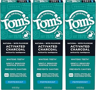 Tom's of Maine Activated Charcoal Whitening Toothpaste with Fluoride, Peppermint, 4.7 oz. 3-Pack (Packaging May Vary)