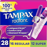 Tampax Radiant Tampons for Women Multipack, with LeakGuard Braid, Regular/Super Absorbency, Unscented, 28 Count, Packaging May Vary