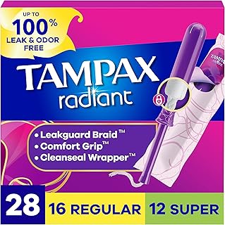 Tampax Radiant Tampons for Women Multipack, with LeakGuard Braid, Regular/Super Absorbency, Unscented, 28 Count, Packaging May Vary