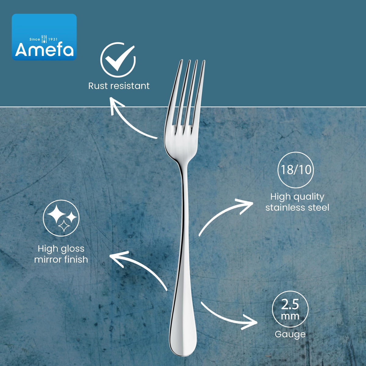 Baguette Flatware Set - Silver by Amefa – 3.35" H x 9.84" L x 4.5" W, Stainless Steel, Baguette, Pack of 45, Model 844000MBUSE42