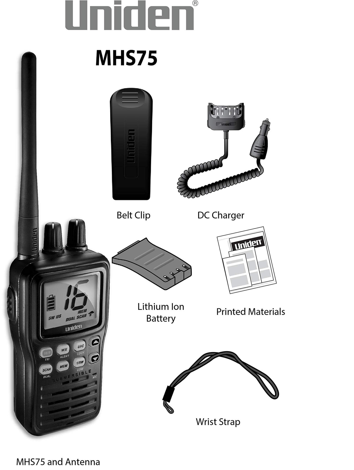 Waterproof Handheld 2-Way VHF Marine Radio by Uniden – One Size, Black, Model MHS75