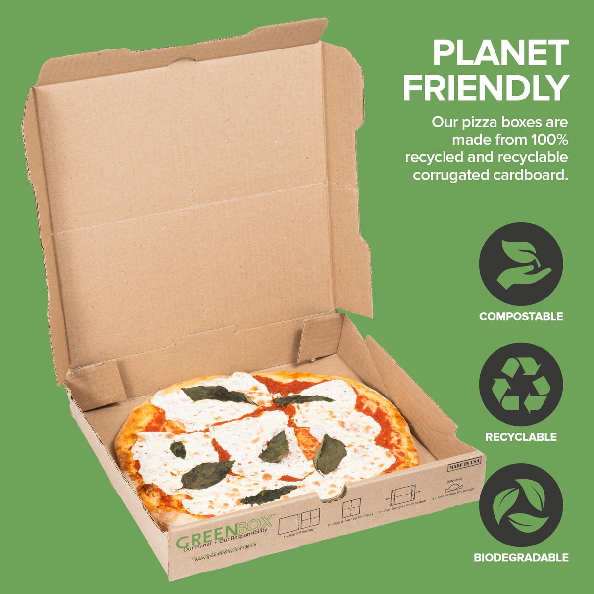 10 Pack Recycled Kraft 12x12 Pizza Box with Built-In Plates and Convertible Storage Container by Stock Your Home – 12X12", green, Pack of 10, Model 2945
