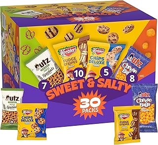 Keebler Sweet & Salty variety pack, 30-count box, includes Chips Deluxe, Fudge Stripes, Utz mini pretzels and cheese balls, 31 oz