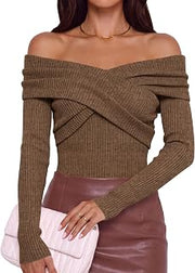 Womens Long Sleeve Off Shoulder Knit Fitted Trendy Going Out Tops