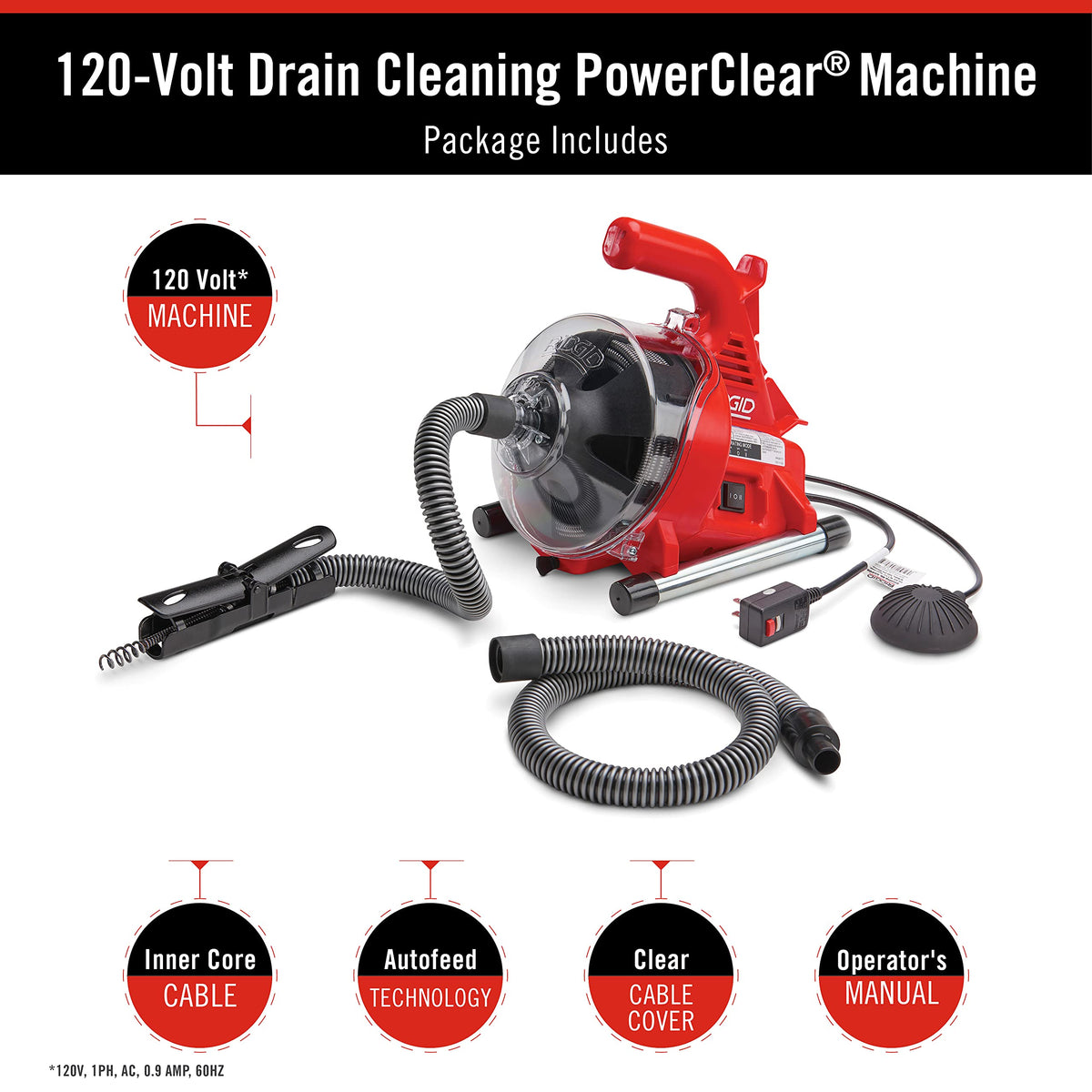 PowerClear 120-Volt Drain Cleaning Machine Kit for Tubs by RIDGID – 3/4" to 1-1/2", Plastic, Red, Model 55808