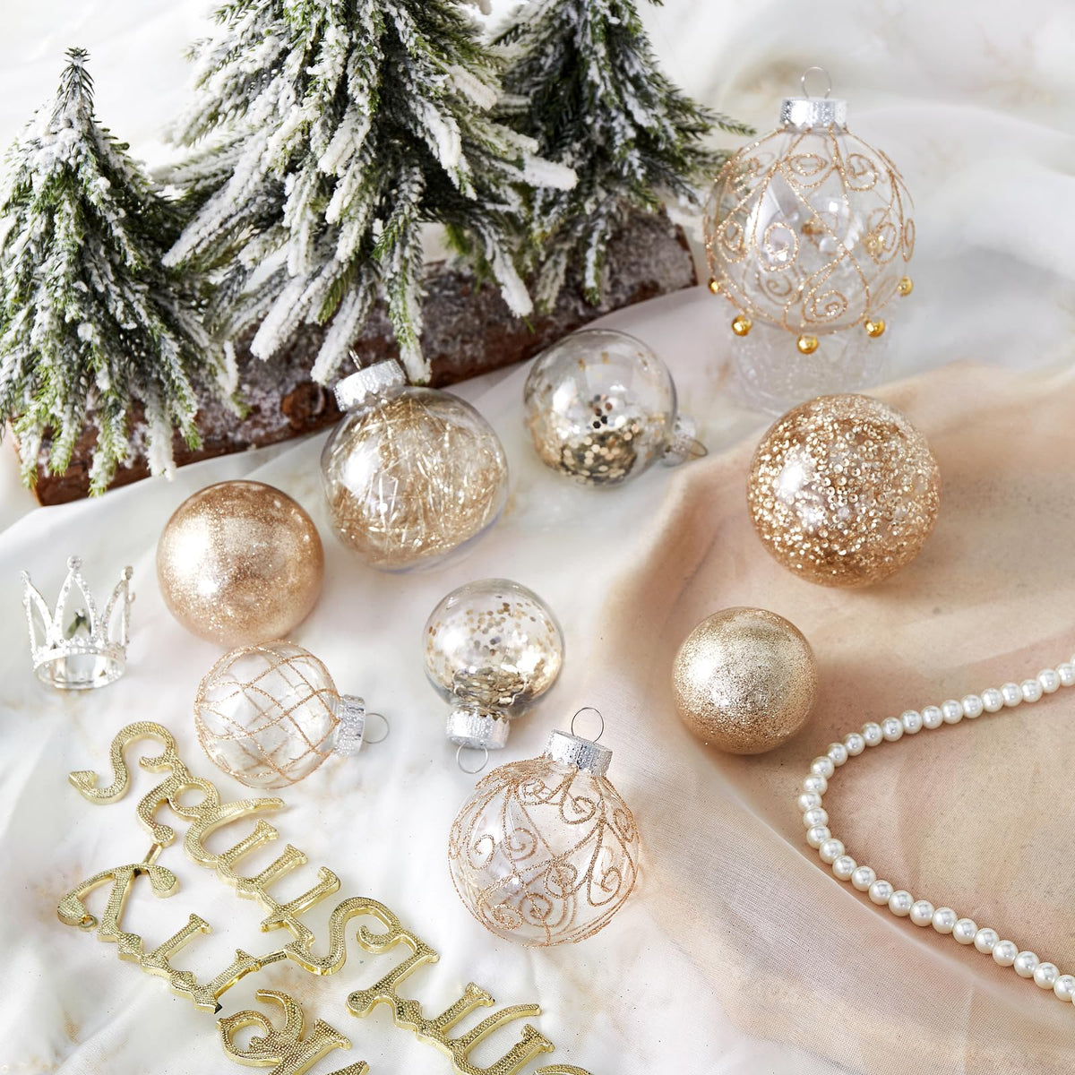 Wironlst Plastic Christmas Ornaments, Multi Size Set, Champagne