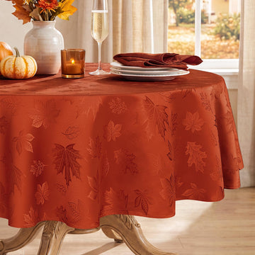 Softalker Jacquard Round Tablecloth, 70 Inch Diameter, Maple Burnt Orange