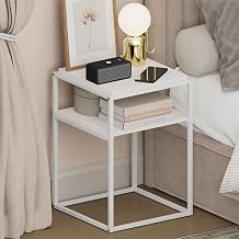 Furinno Moretti Night Stand, 2-Tier Stackable Metal Frame Nightstand with Open Shelf, Side Table, End Table, Toolless Assembly, for Living Room, Bedroom, Solid White