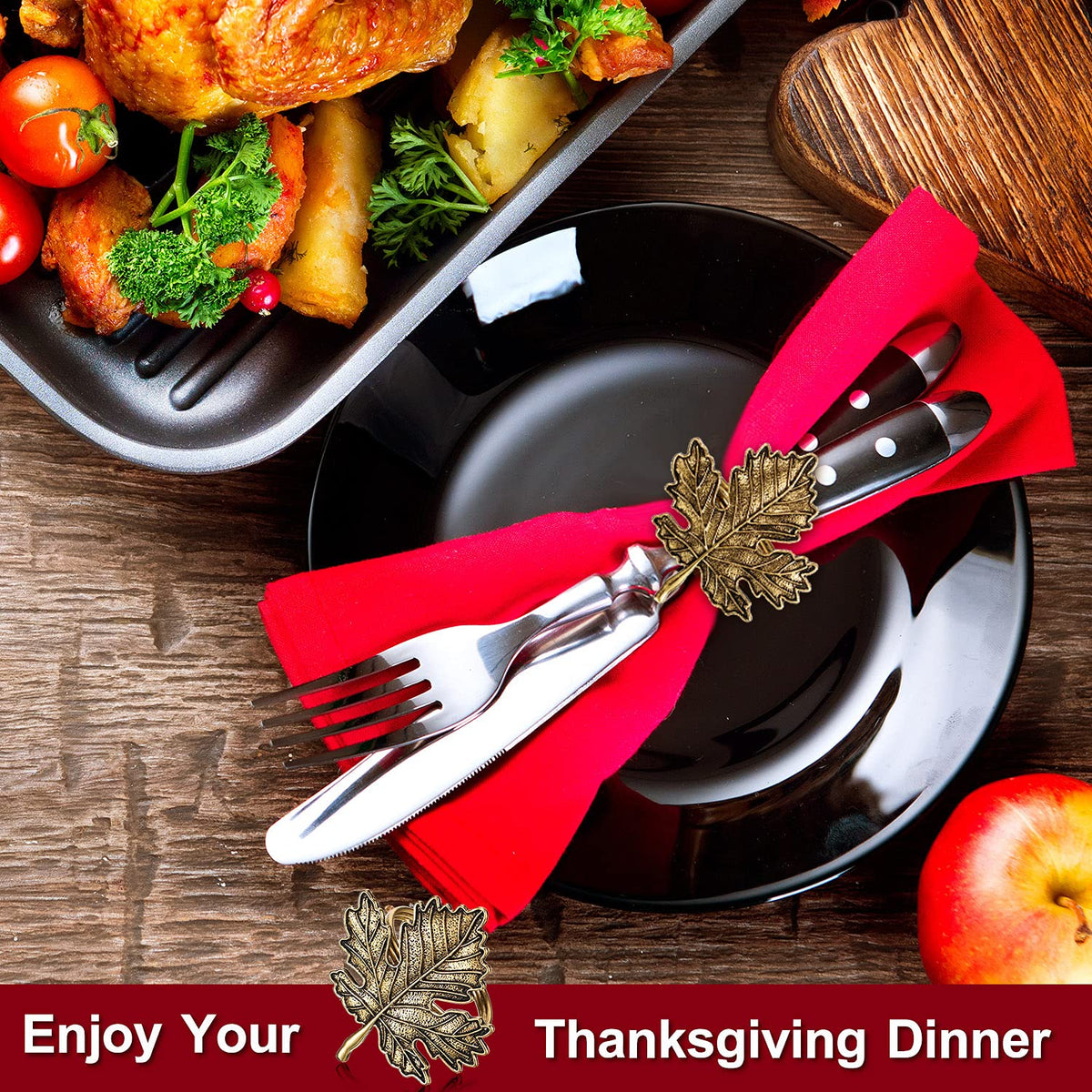 Patelai Napkin Rings, 12 Pack Metal, Bronze Maple Leaf Pumpkin