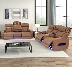 Lilola Home Jazz Light Brown Leather Aire Power Reclining Living Room Set – Sofa & Loveseat w/LED Lights, Bluetooth Speaker, Wireless Charging, USB & USB-C Ports, Dropdown Table, Storage & Cupholders