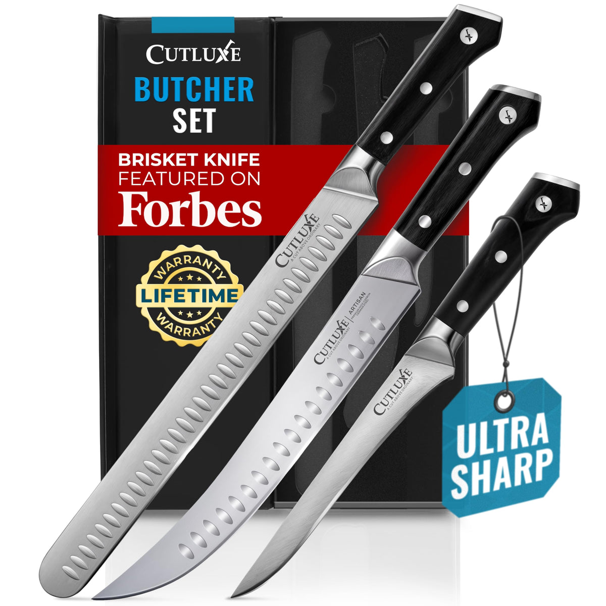 Cutluxe Butcher Knife Set, 12-Inch Brisket, 10-Inch Cimeter, 6-Inch Boning, Gray